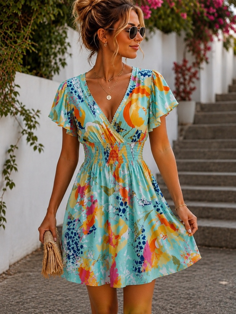 Angie  Floral Abstract Print V-Neck Romper Dress in Aqua Multi